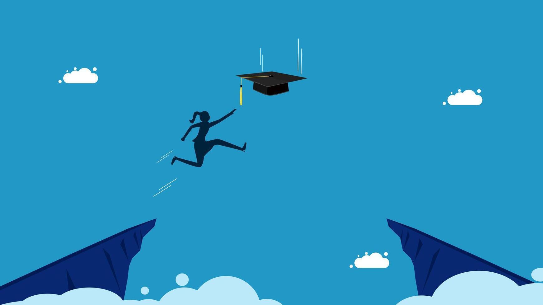 business women a graduate is jumping over a cliff with a cap on his head vector