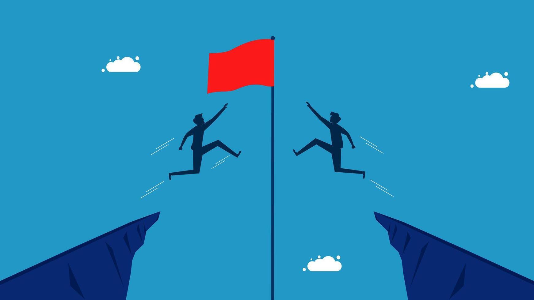 two people are jumping over a cliff with a red flag vector