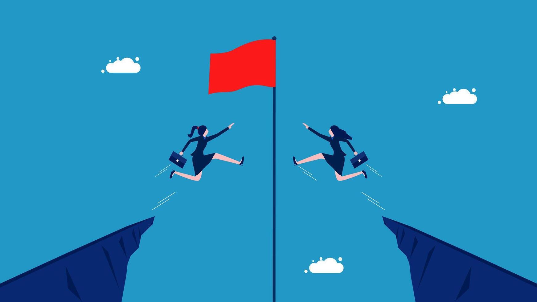 business people jumping over a cliff to reach the red flag vector