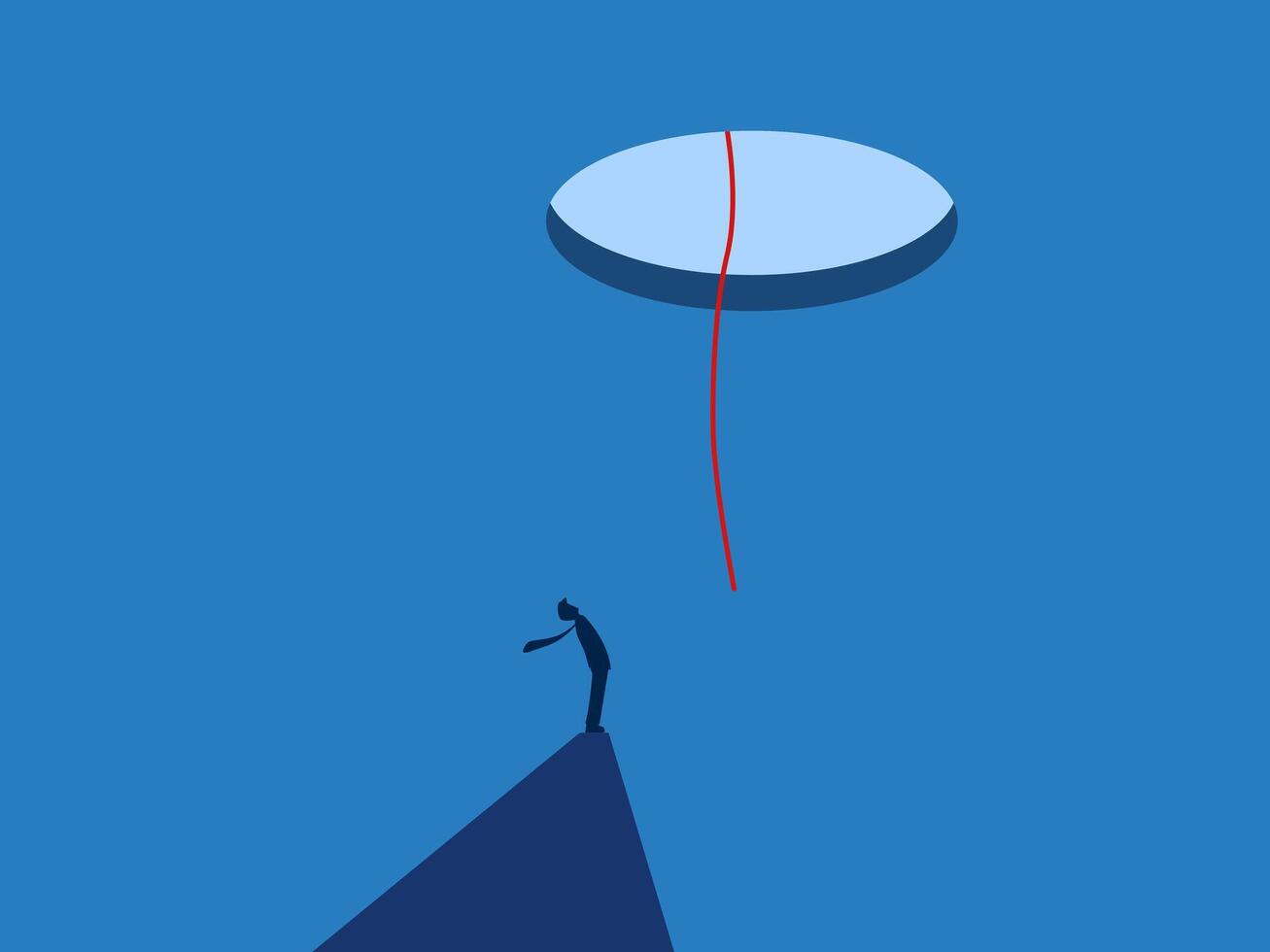 Businessman is helped by the rope on the top of the cave vector