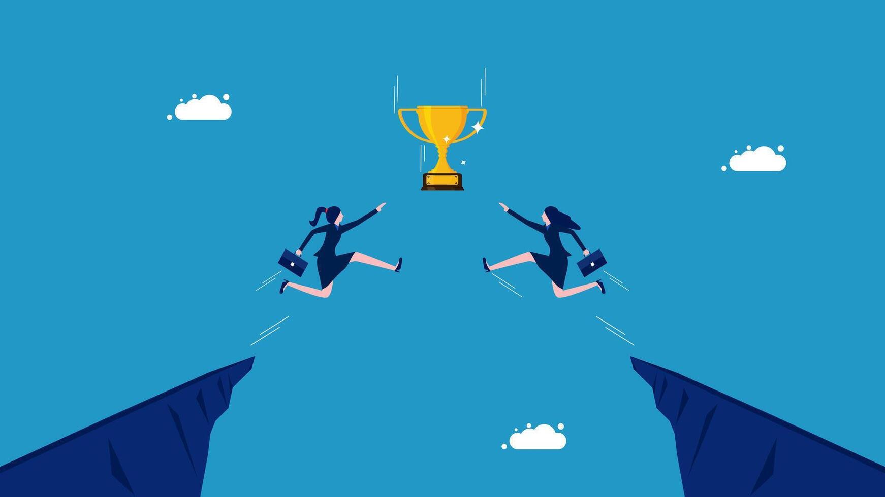 two business jumping over a cliff to reach the top of the mountain vector