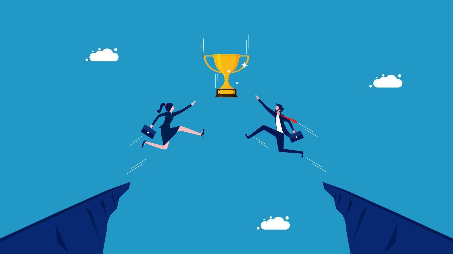 two people jumping over a cliff to reach the top of the mountain vector