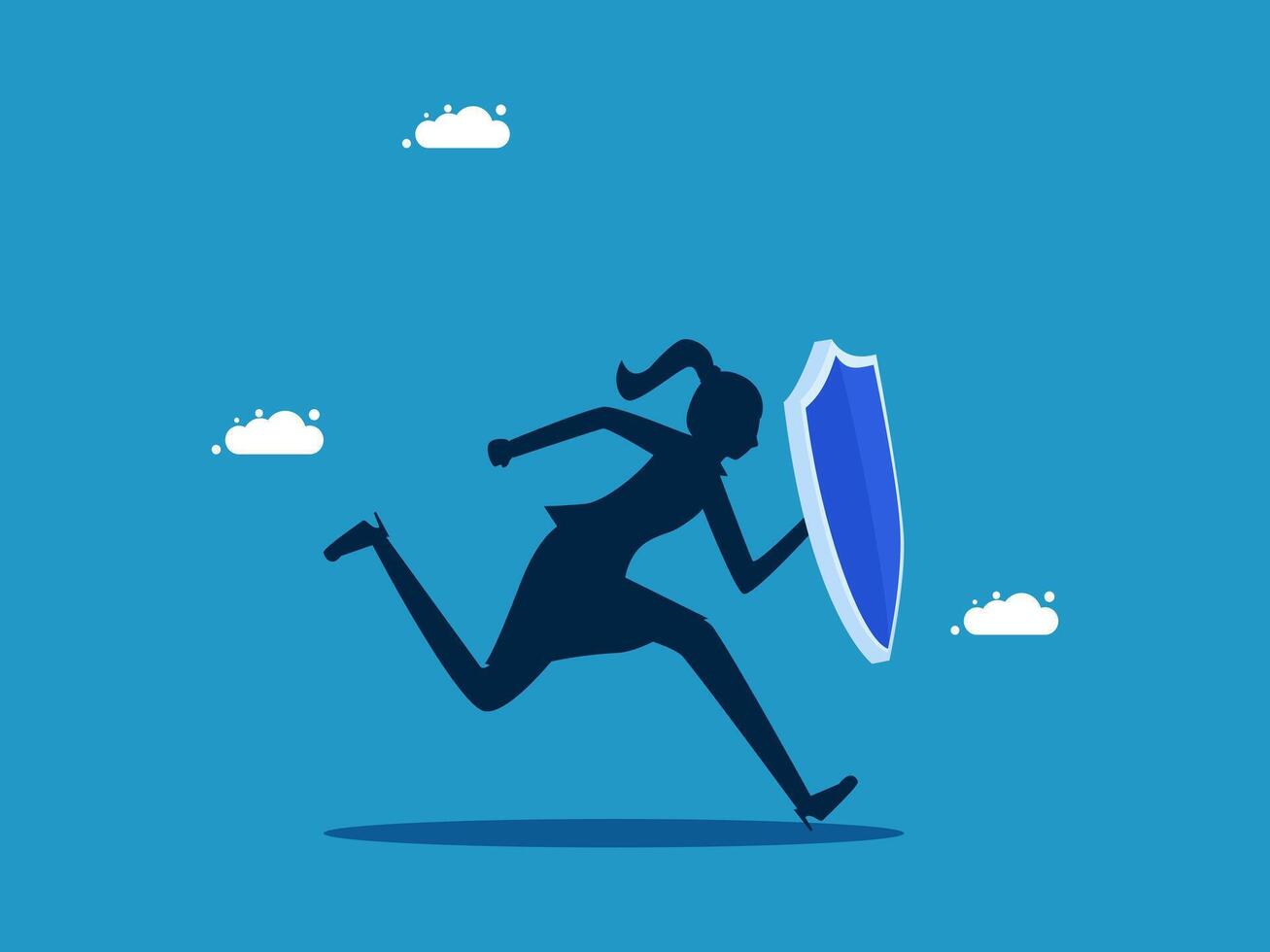 businesswoman running with shield and running away from danger vector