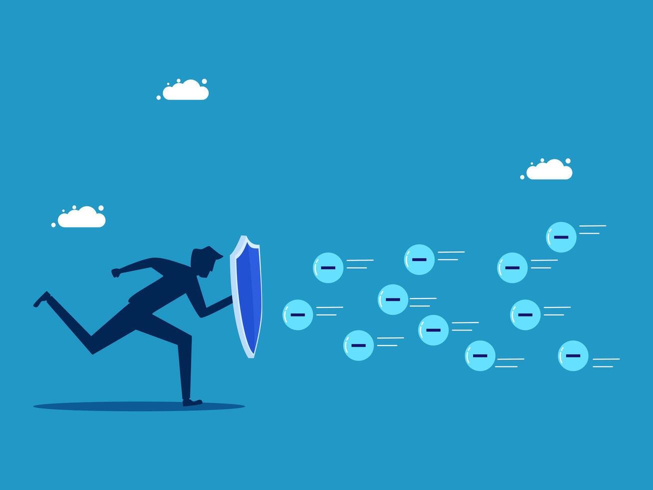 businessman running with a shield and a cloud of data vector
