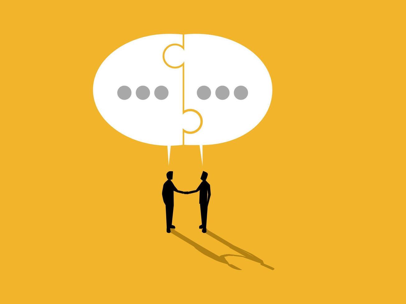 Reach a business deal, two businessmen shake hands with speech bubble puzzles connected together vector