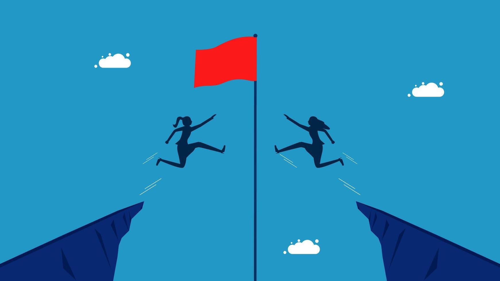 two people jumping over a cliff with a red flag vector