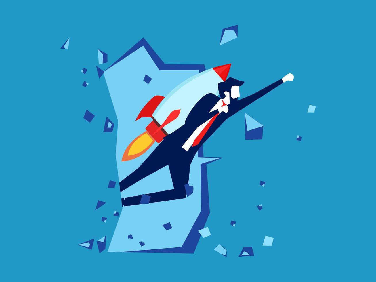 businessman in suit and tie flying through a hole in the wall vector