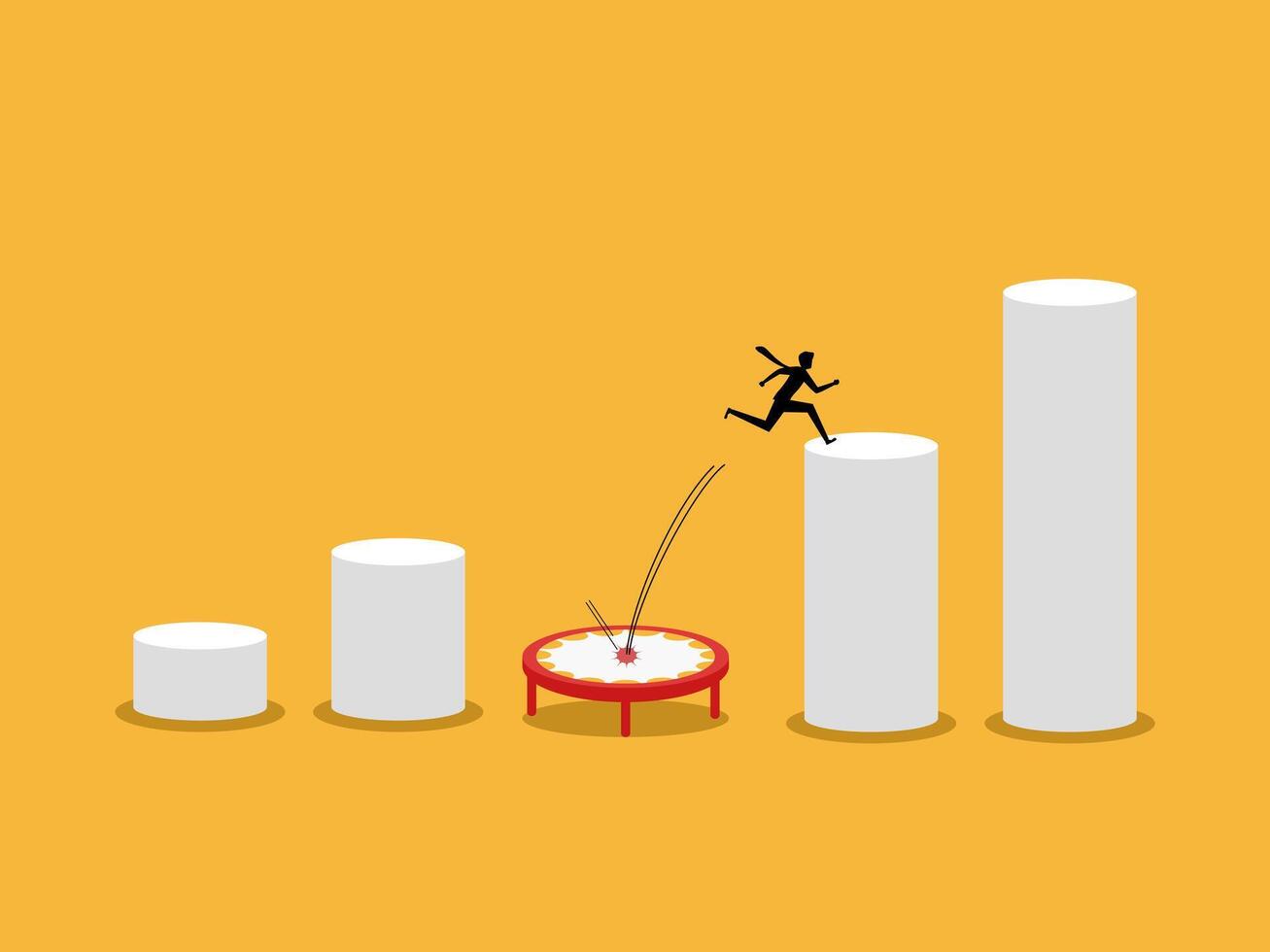 Profit grows exponentially, businessman jumps off trampoline back to the bar chart vector