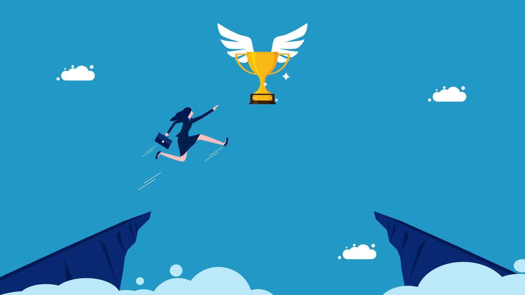 businesswoman jumping over the gap to get the trophy vector