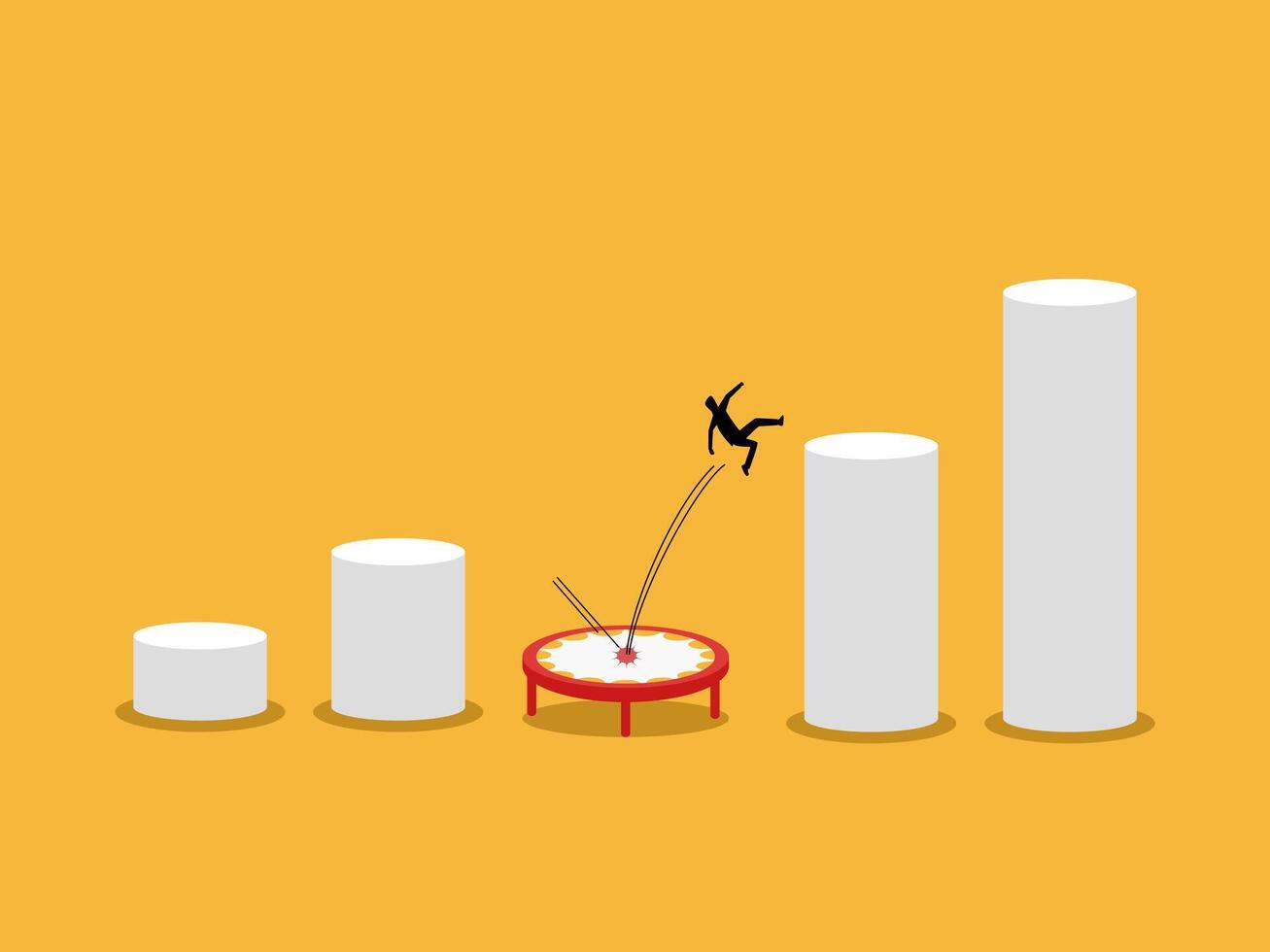 Income recovers, businessman jumps off trampoline back to the top of the bar chart vector