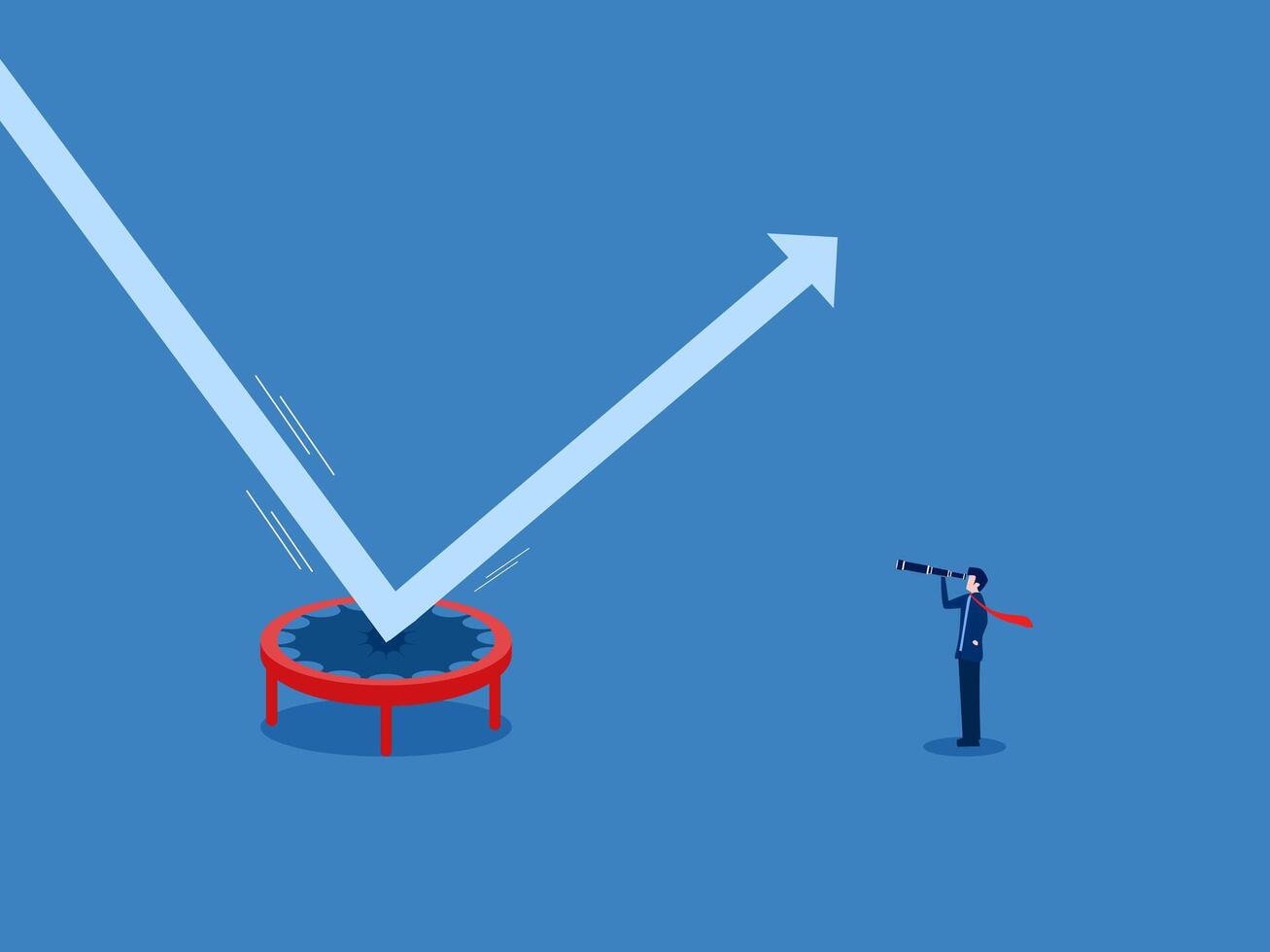 Profit Increase, Businessman Looking at Telescope Looking at Arrow Bouncing on Trampoline vector