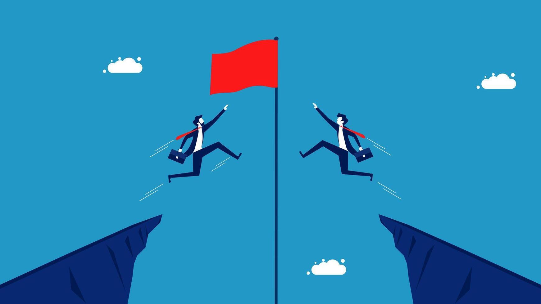 twobusinessman jumping over cliff to reach red flag vector