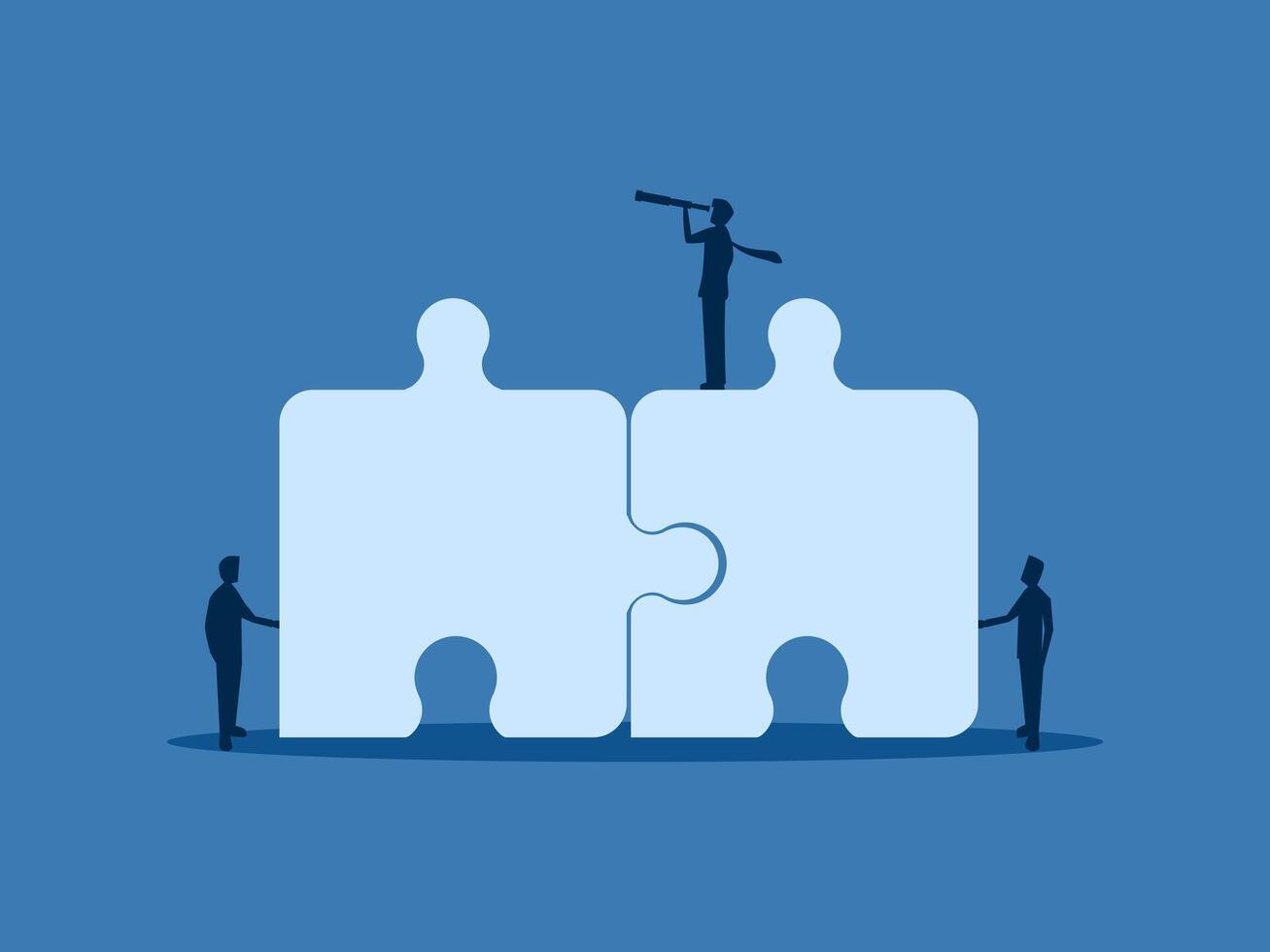 Businessman with vision searching for connections with two employees on a jigsaw puzzle vector