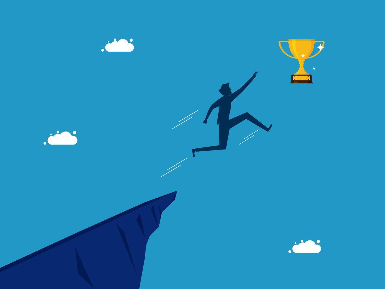 businessman jumping over the cliff to get the trophy vector
