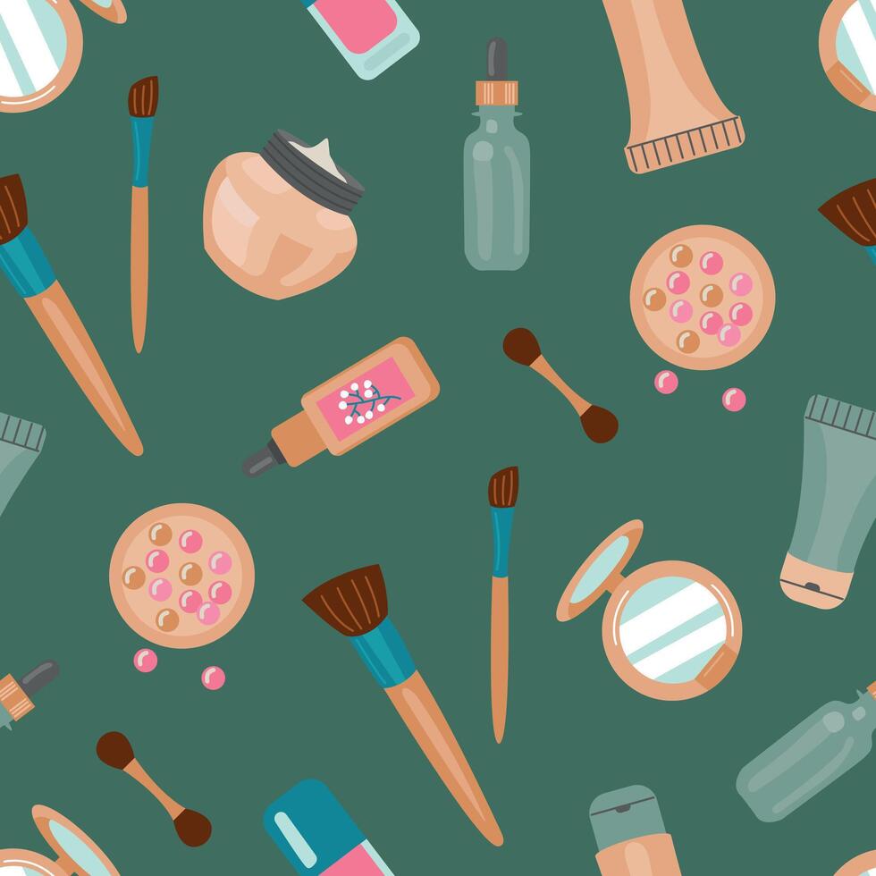 Cosmetic Pattern Illustration. Colorful Makeup Tools and Products vector