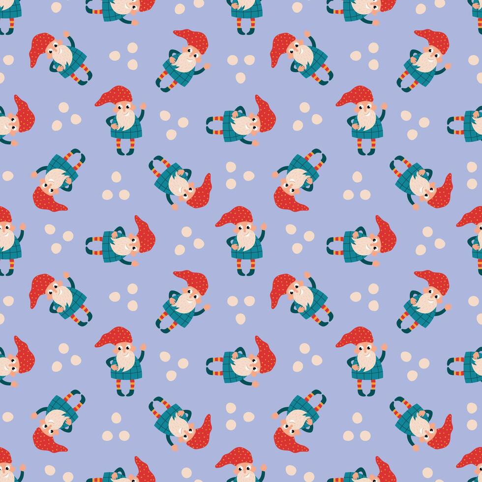 Playful gnome pattern on blue background. Design for fabric, textile, wallpaper, packaging vector