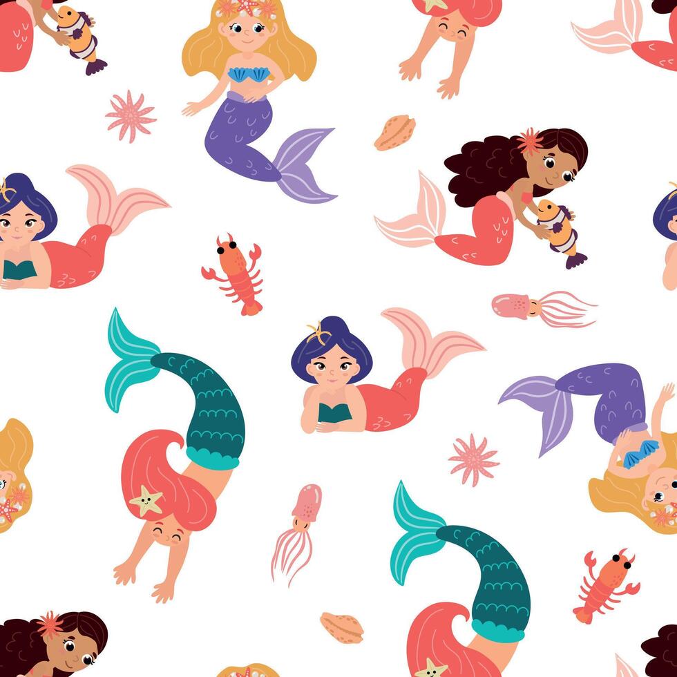Seamless pattern with cute mermaids. Design for decoration of children's room. vector