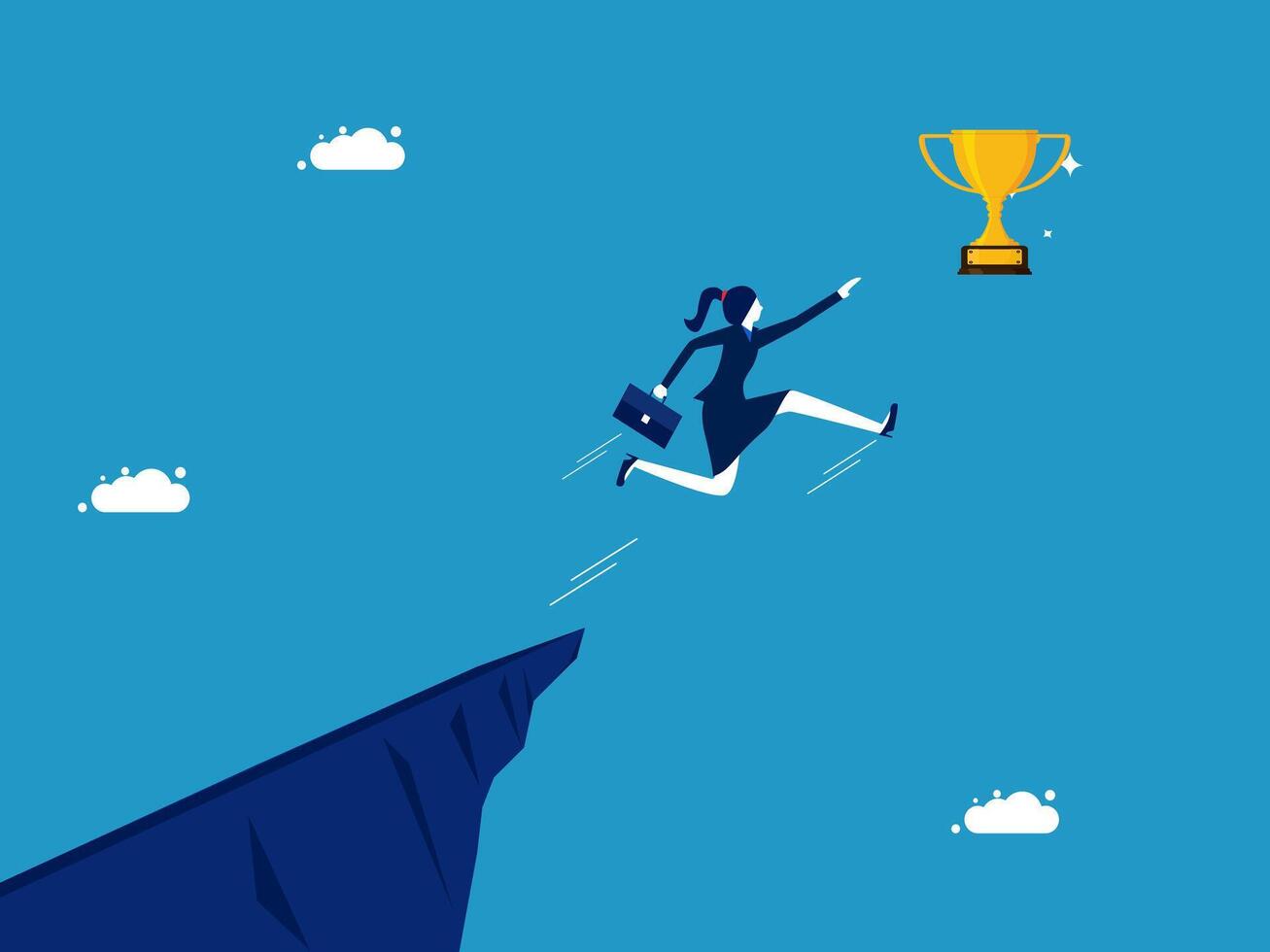 businesswoman jumping over the cliff to get the trophy vector