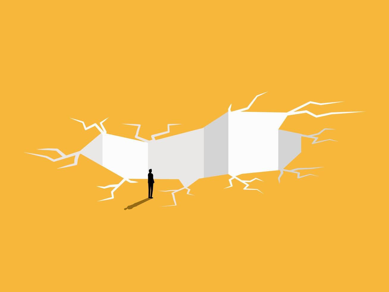 Businessman standing solving the problem of the earth cracking into a hole vector