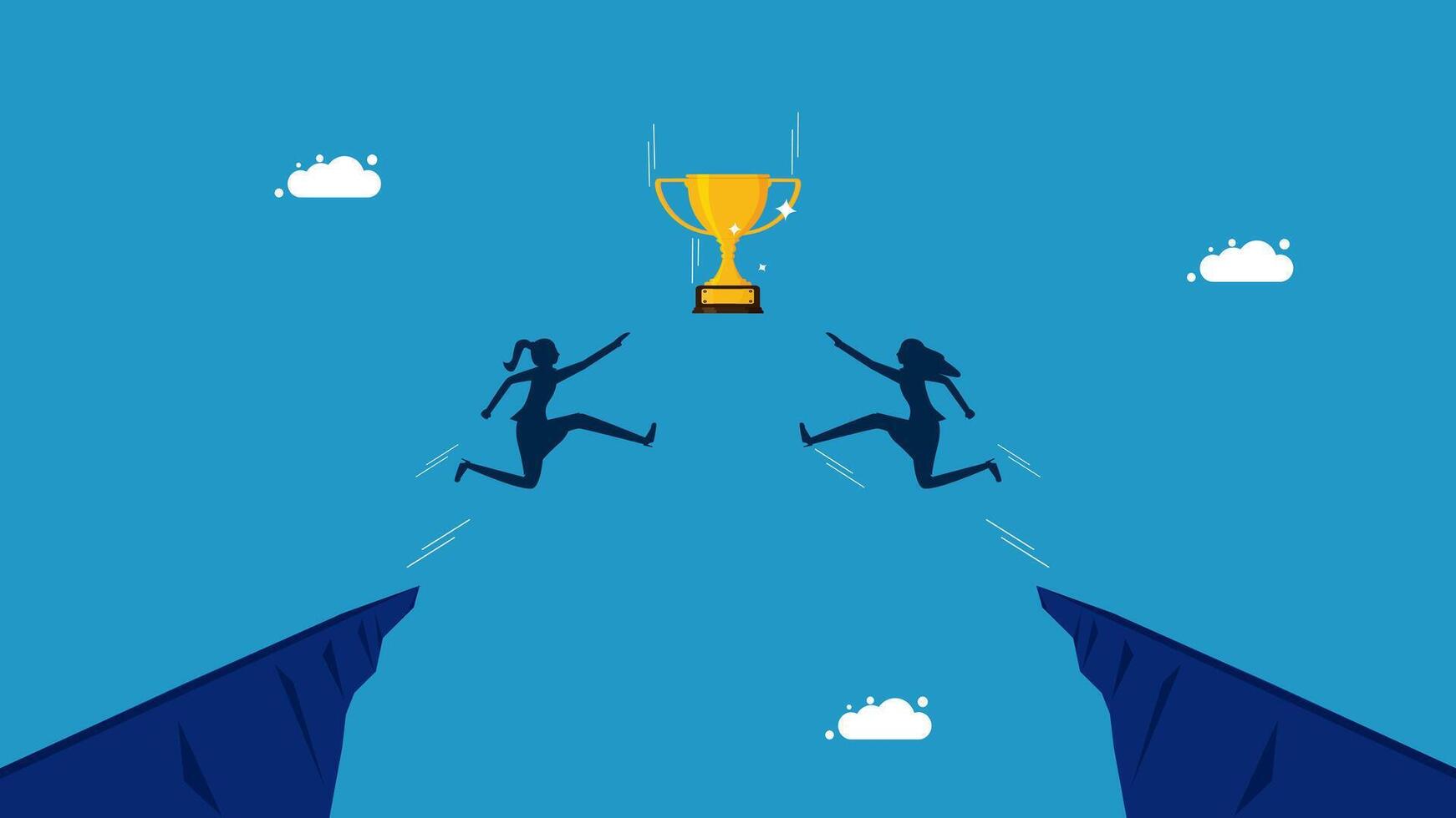 women jumping over a cliff to reach the top of the mountain vector