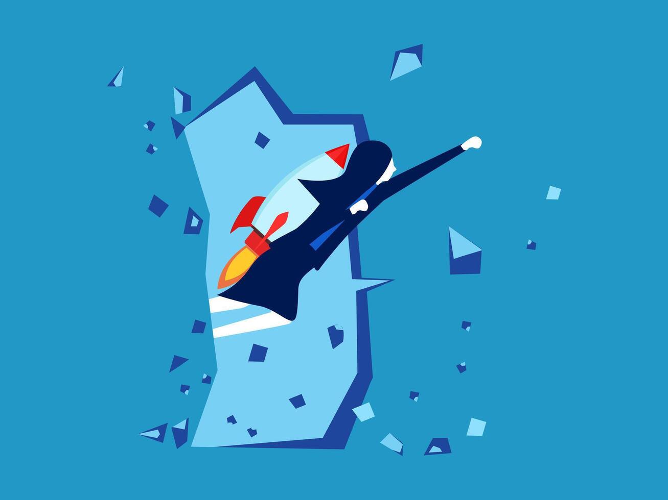 businessman breaking through the wall with a rocket vector