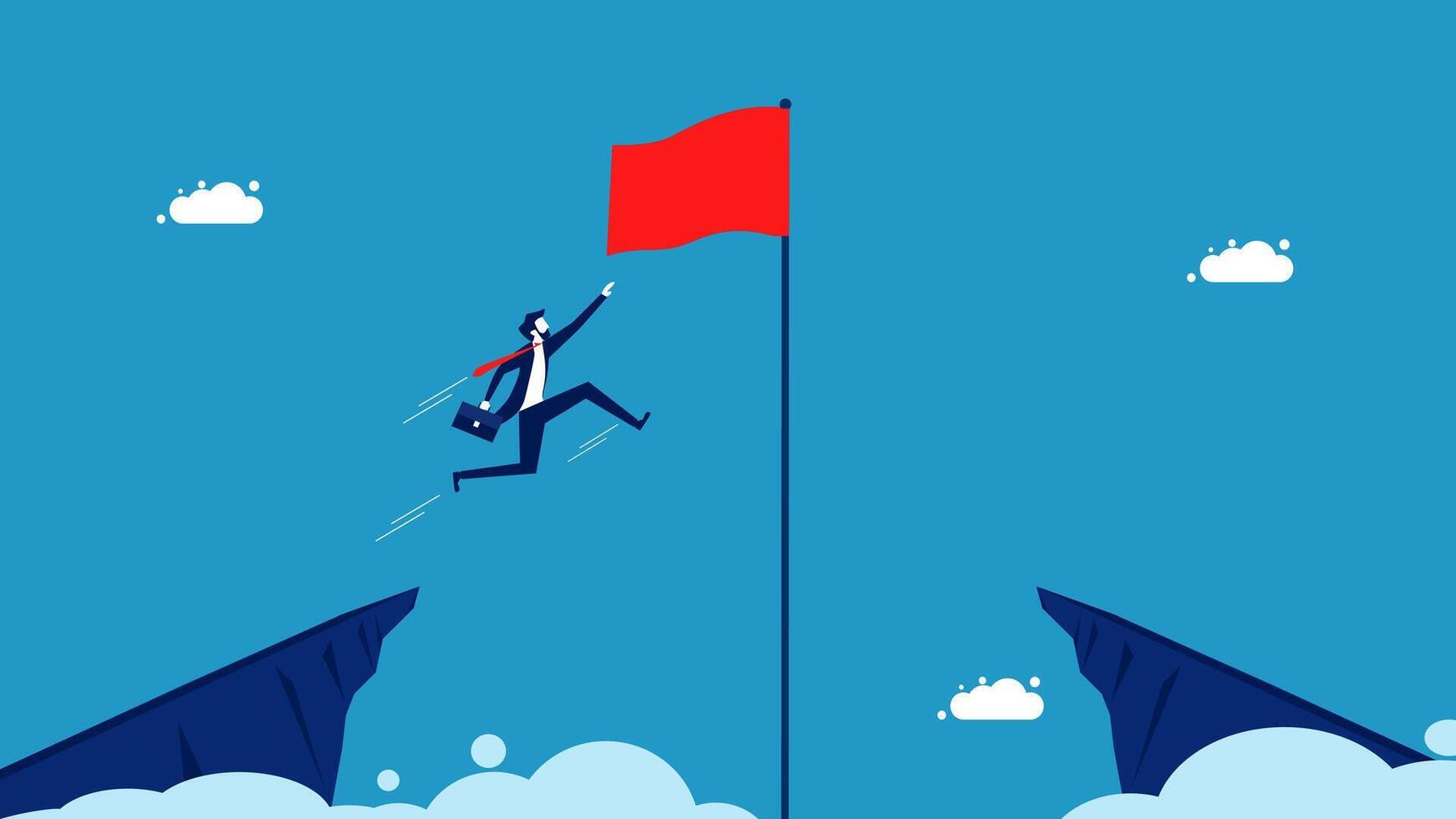 businessman jumping over a cliff with a red flag vector