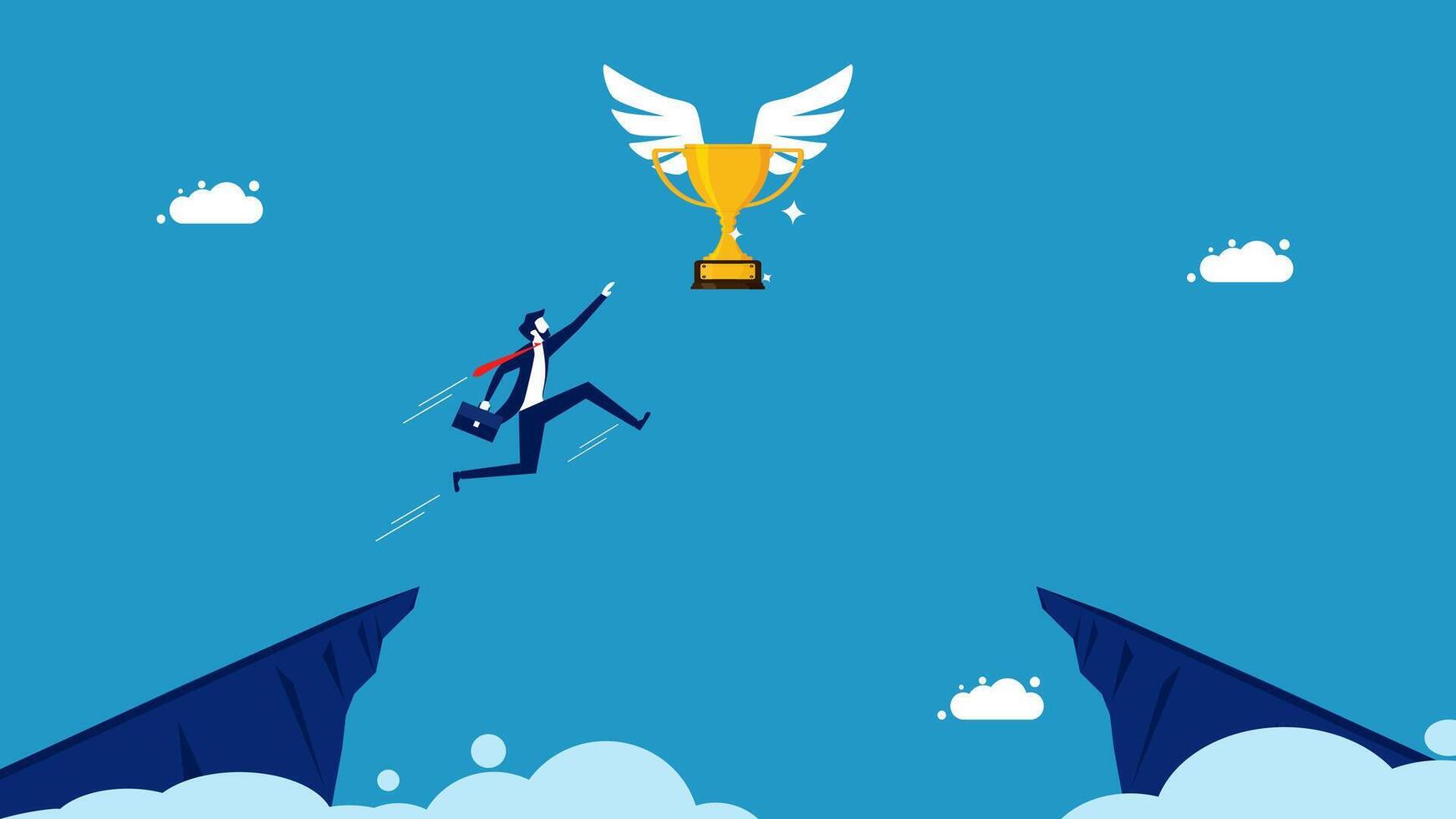 businessman jumping over the gap to get the trophy vector