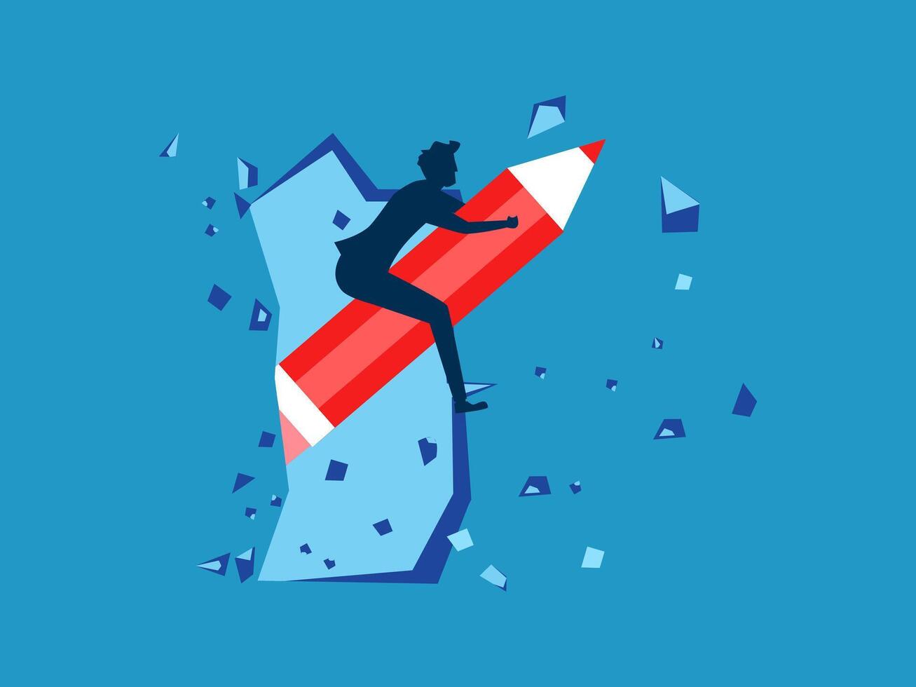 a man is climbing on a pencil and breaking through a wall vector
