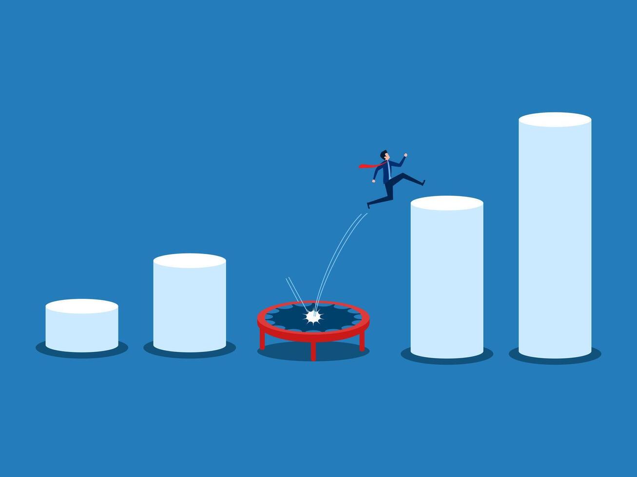 Recovering from the crisis, businessman jumps off trampoline to the bar chart vector