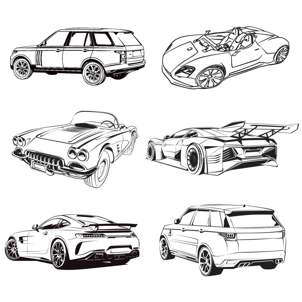 Black and White Car Sketch Set vector