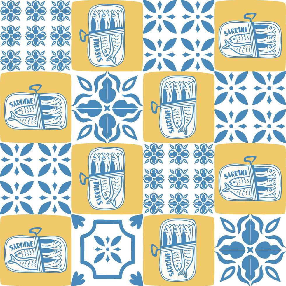 Portugal sardine and tile ornament seamless pattern. Cute traditional Portuguese geometric print. Hand drawn fish and summer Mediterranean food wallpaper, textile design, repeat background. vector