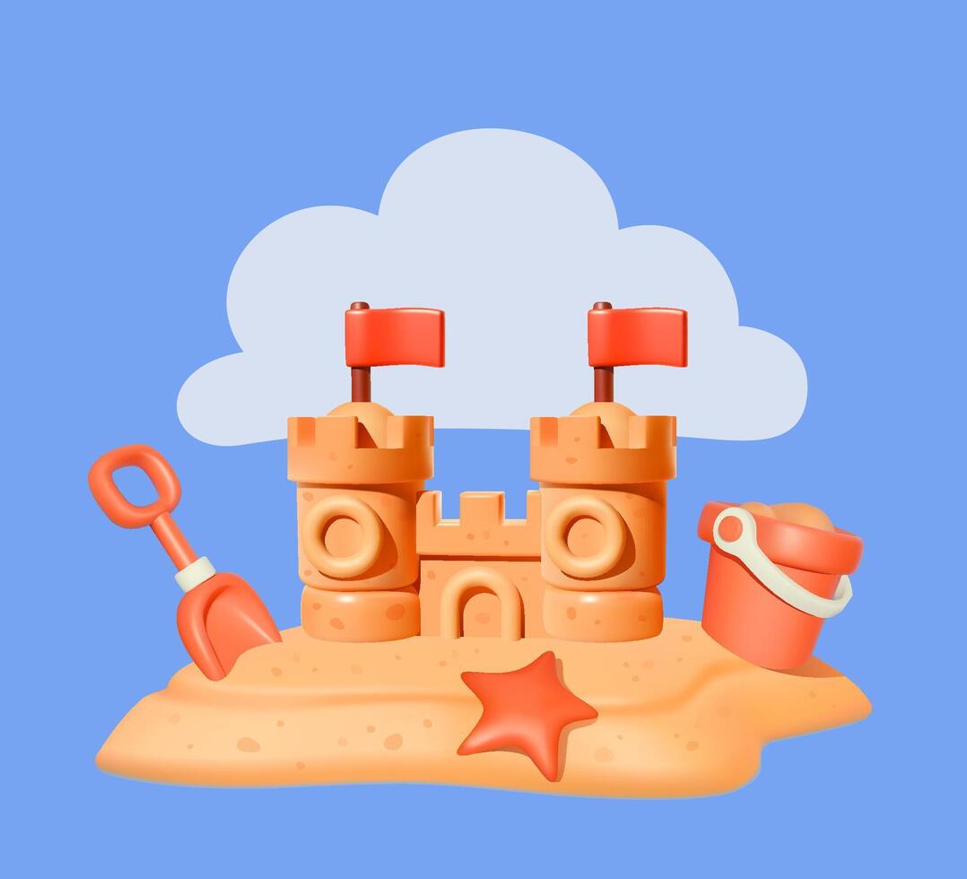 3D Sandcastle and beach toys for kids fun vector