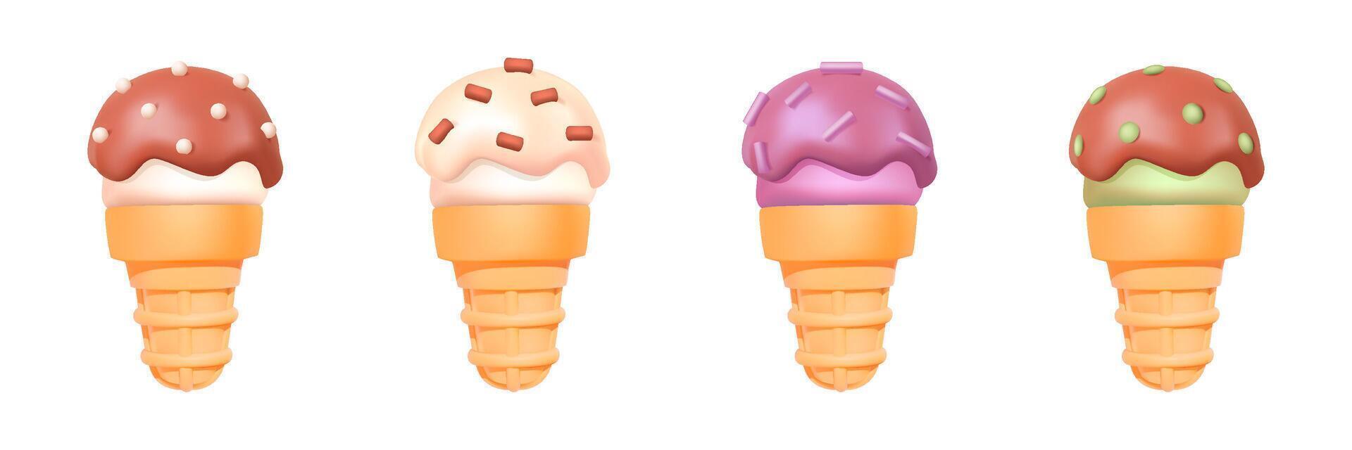 3D colorful cartoon ice cream cones with toppings vector