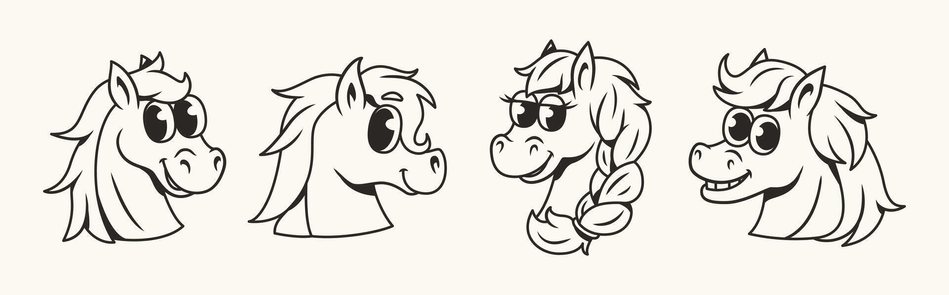Cartoon pony heads collection in black outline vector
