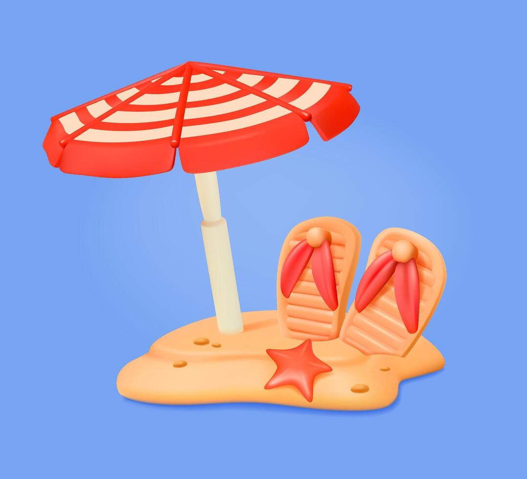3D cartoon beach scene with umbrella and sandals vector