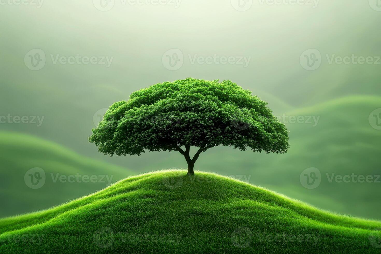 a solitary tree stands majestically atop a grassy hill, symbolizing resilience and solitude. Its vibrant green leaves contrast against a clear blue sky, evoking feelings of peace and tranquility. photo