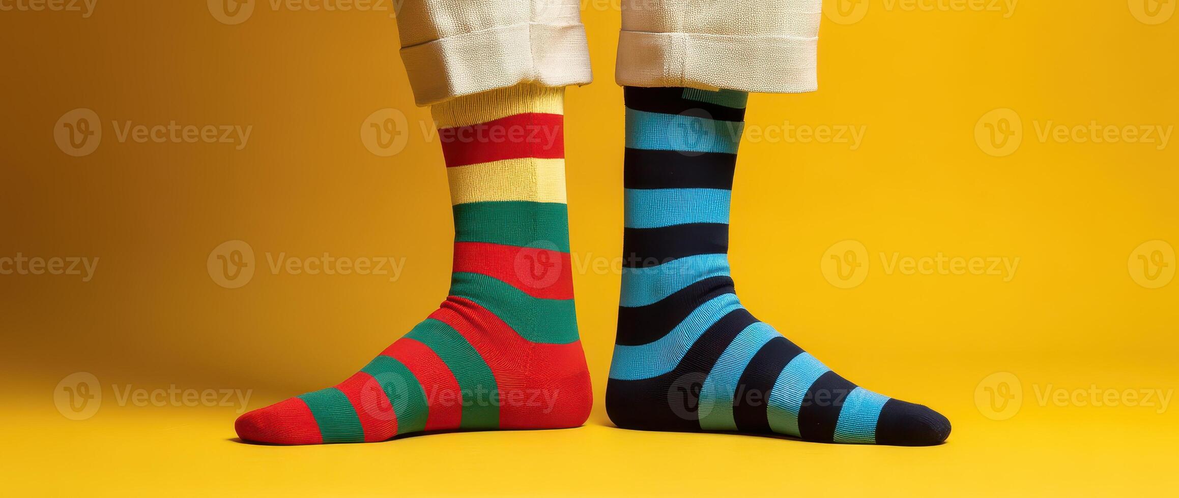 A person wearing colorful, striped different socks on a yellow background. photo