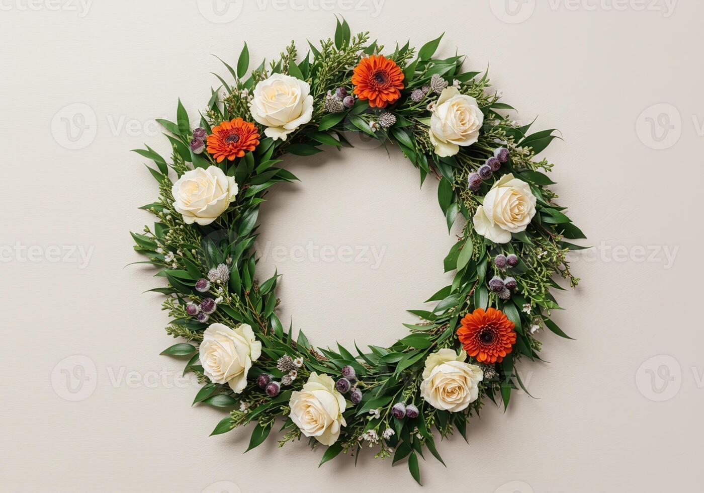 Floral wreath with white roses and orange daisies, circular design photo