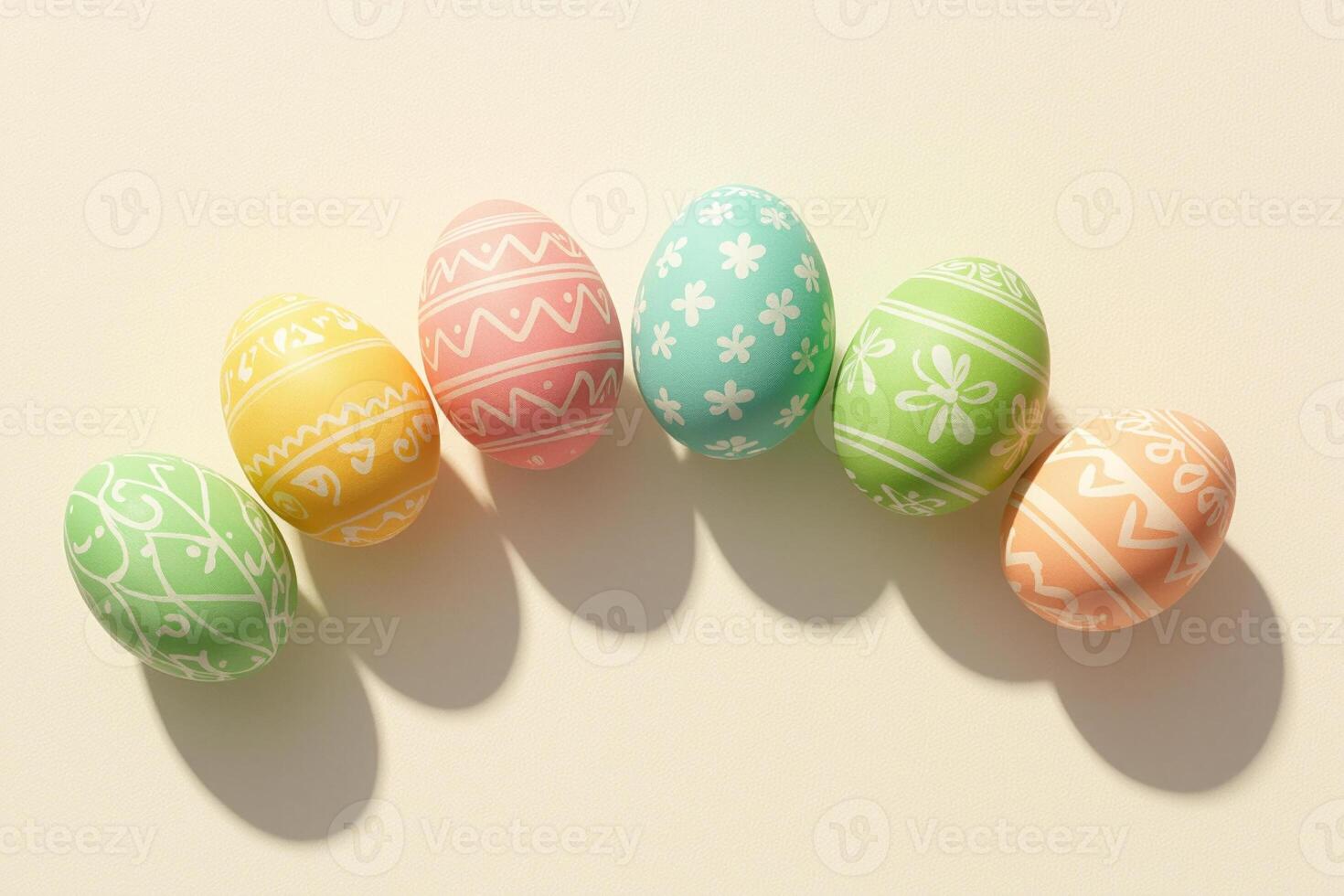 Pastel decorated easter eggs with white patterns arranged in minimal spring flatlay on light background for cheerful holiday celebration and modern festive style concept photo