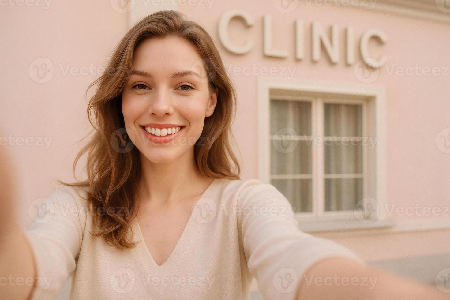 Smiling woman takes a selfie in front of a light pink building, likely a medical or dental office, showcasing her bright, healthy teeth. photo