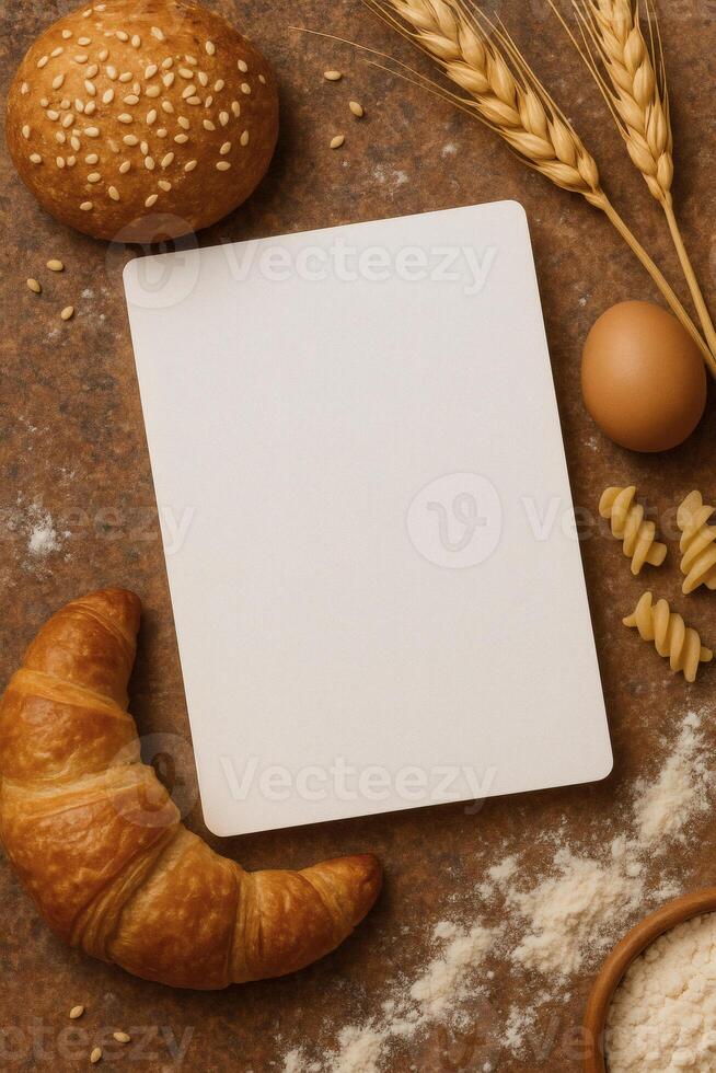 Blank card with wheat, baked goods, egg and pasta. Ideal for invitations. Perfect for sharing your handwritten recipes and notes. photo