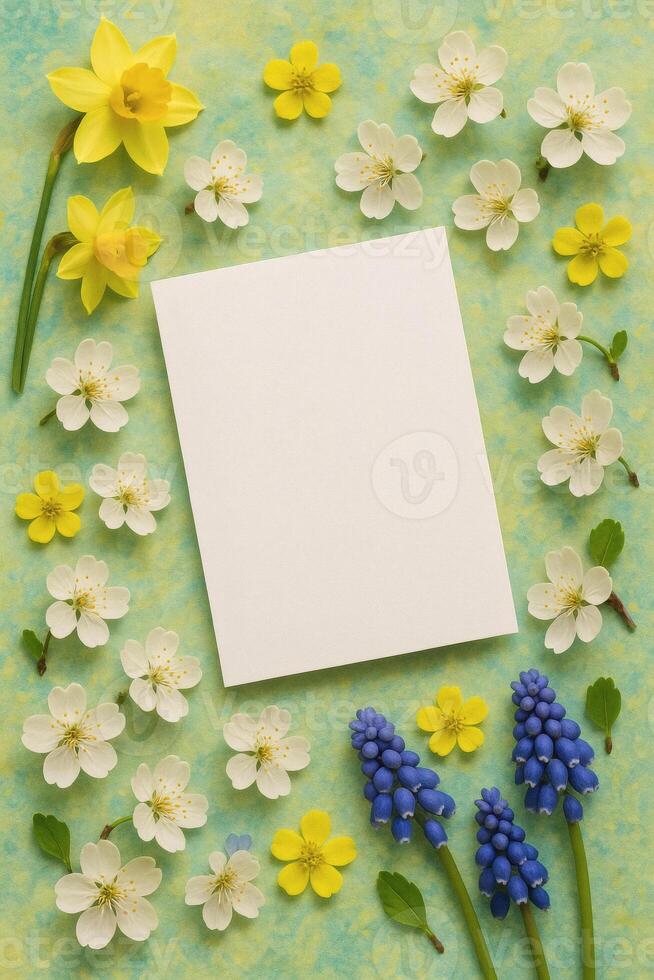 Floral Spring Card with White Flowers, Daffodils, and Grape Hyacinths Framing a Blank Card for an Invitation or Greeting on a Light Green Background. photo