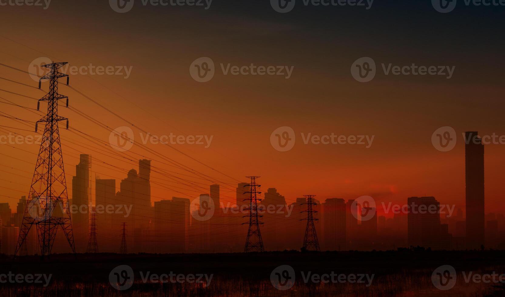 Blackout in Spain and Portugal shows dark cityscape with electricity pylon. European energy crisis. Power outage and infrastructure vulnerability at night. Power outage concept. Metropolitan emergency photo
