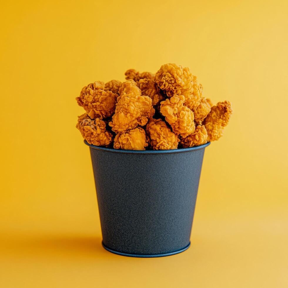 Crispy Chicken Popcorn in a Dark Bucket Against a Yellow Background photo