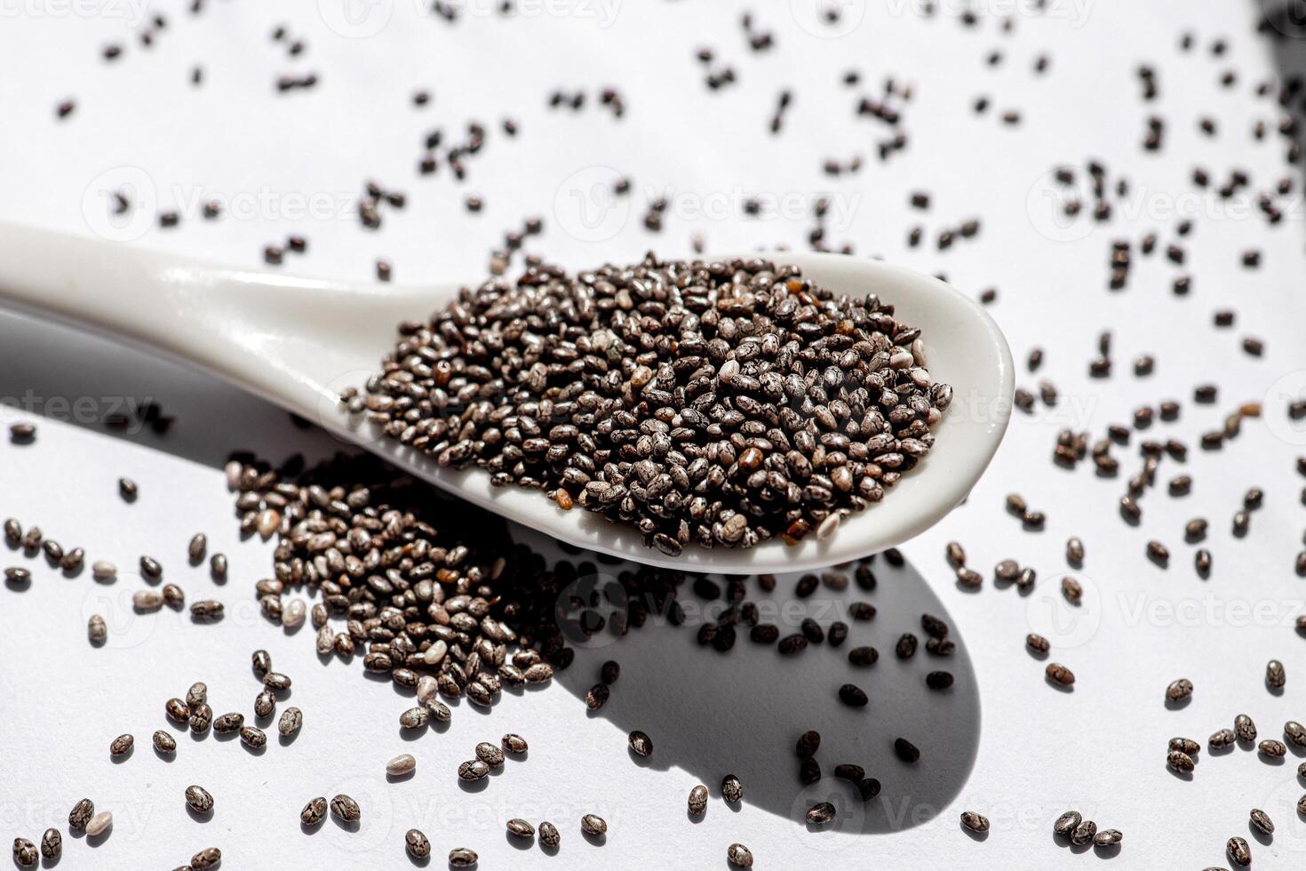 close-up of chia seeds, good for the heart and digestion, thanks to the high content of omega-3 and fiber. wellness concept, dietetics, superfoods. photo
