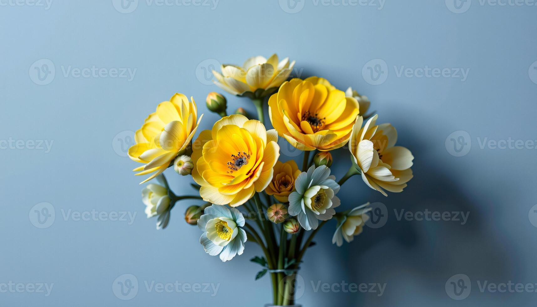 Elegant cluster of ranunculus in a minimalist style, with buttery yellow and misty blue tones photo