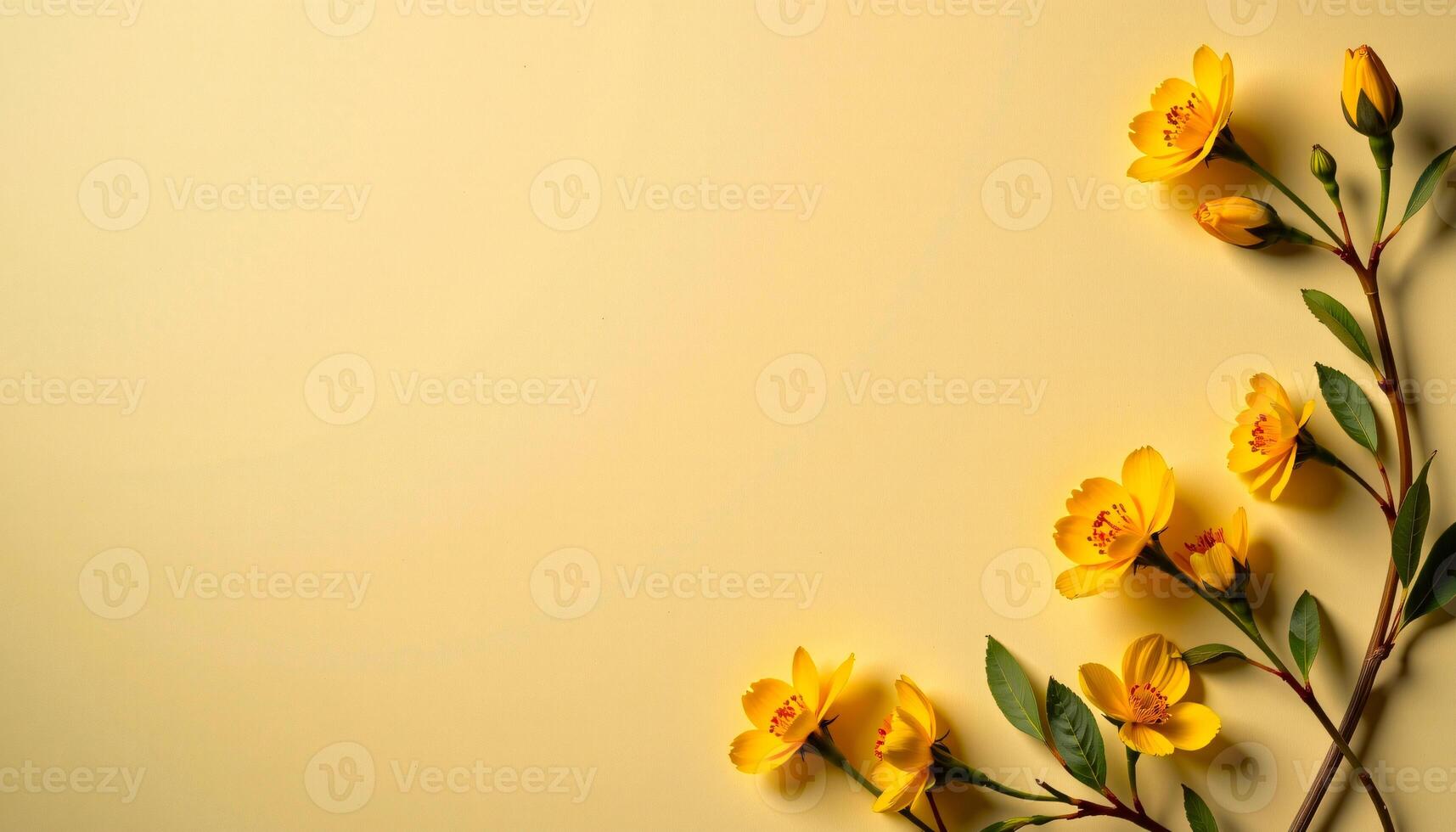 bold flat lay of primrose on a paper texture, with buttery yellow tones, gentle lighting intensity photo