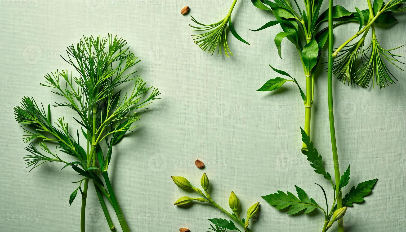 Creative flat lay of dill on a canvas background, with lime green hues, pale morning glow photo