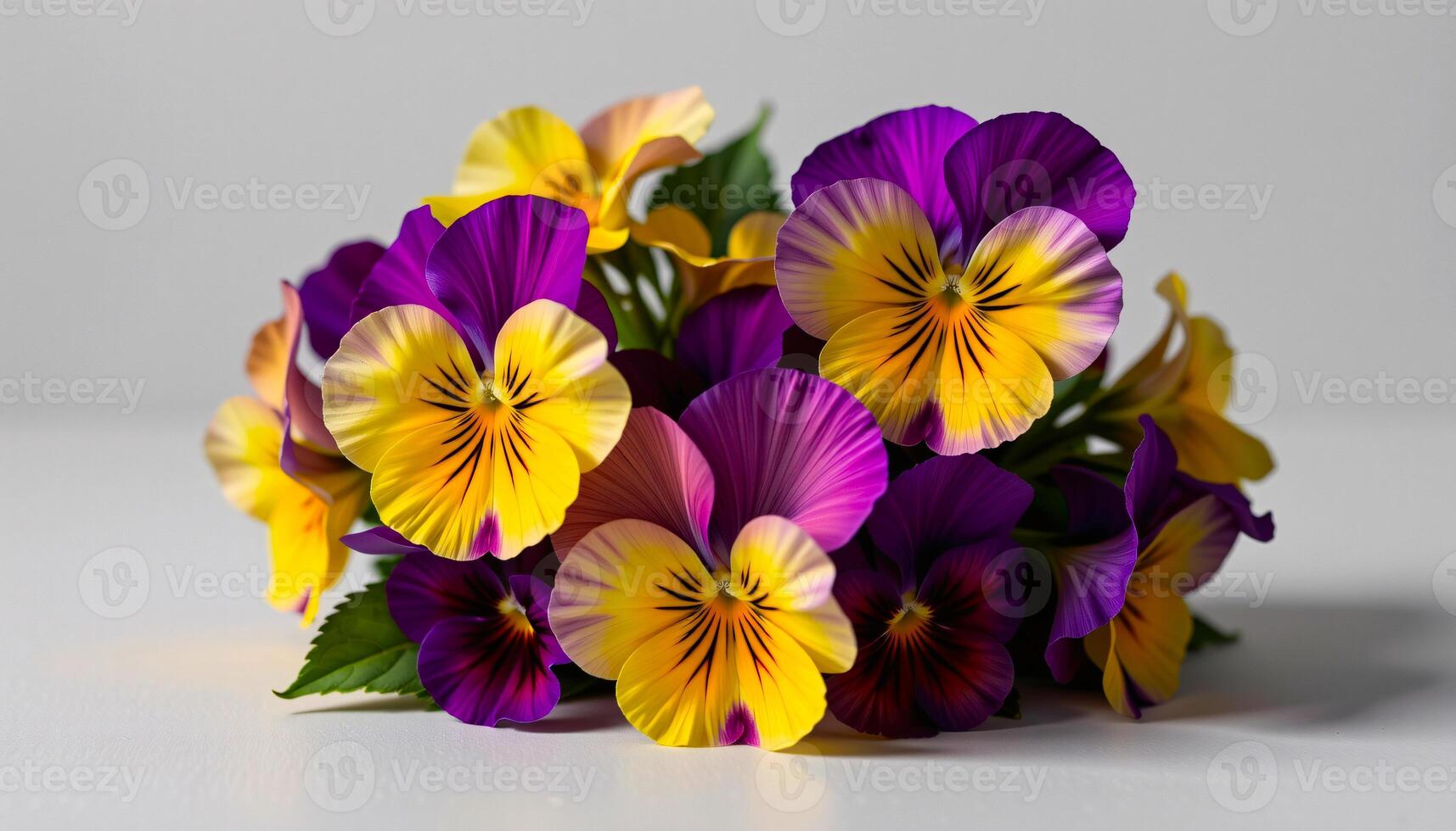 Elegant cluster of pansy in a minimalist style, with plum and soft yellow tones, smooth curves photo