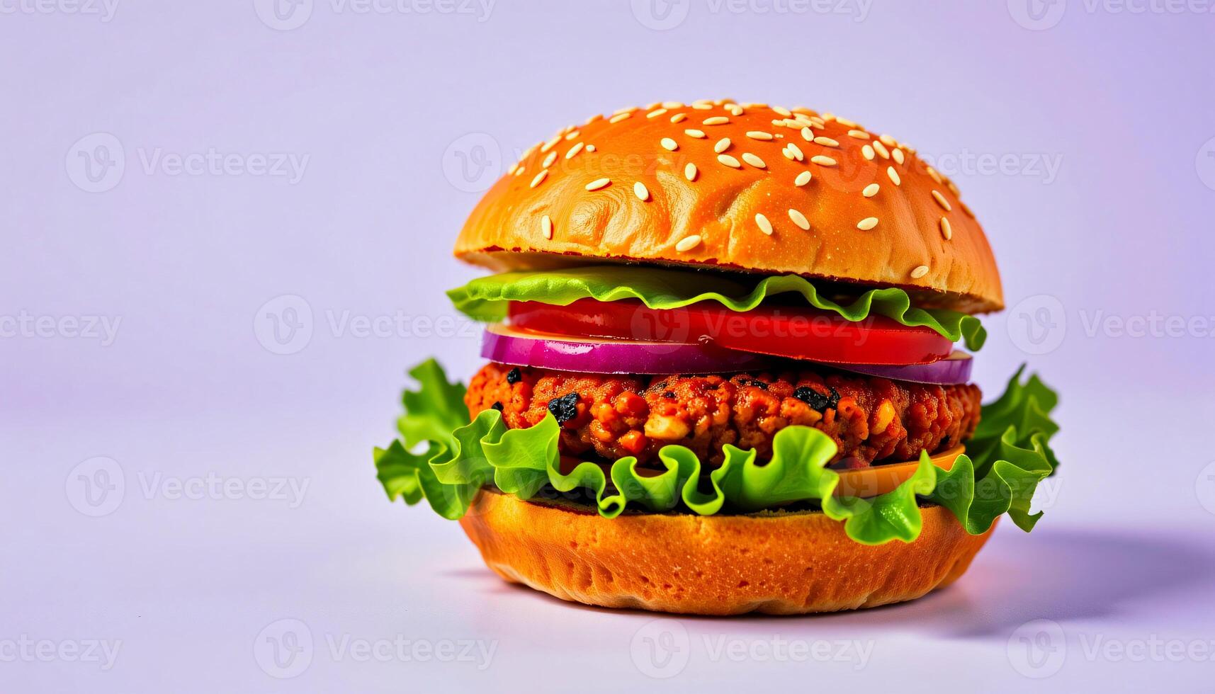 Vibrant veggie burger set in the cheerful corner on a soft lavender background photo